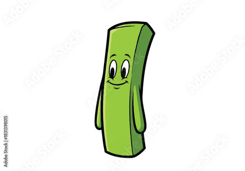 Green cartoon character standing tall and smiling.