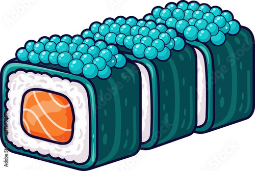 Delicious Salmon Sushi Roll Topped with Blue Tobiko Caviar.