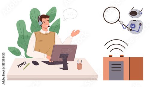 Man with headset at desk interacting, robot analyzing with magnifying glass, wireless device emitting signals. Ideal for support, AI, communication, technology, innovation teamwork future. Simple