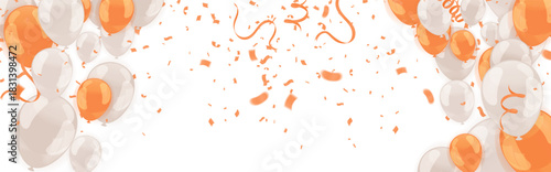 cheerful orange and white balloon background Confetti and streamers create a festive border Ideal for Happy Birthday 2026 or New Year party invitations Clean center space for text.