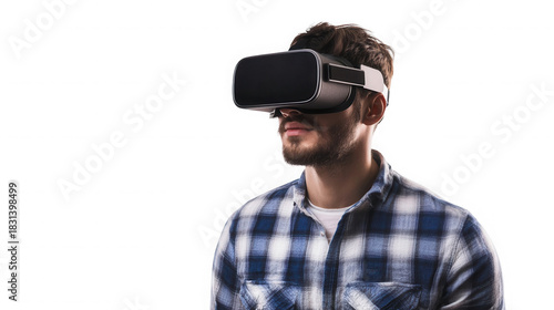 Man wearing a virtual reality headset in a blue and white checkered shirt on  isolated on transparent background