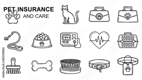 A collection of outlined icons related to pet insurance and care, including a paw print, cat, carrier, leash, food bowl, and medical equipment.