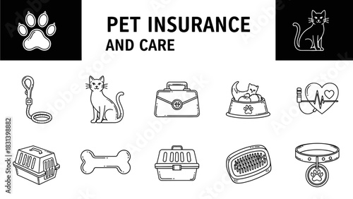 Pet insurance and care icons in black and white.