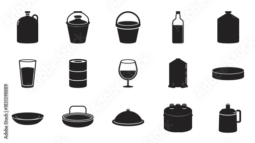 Silhouetted containers and vessels of various shapes and sizes.