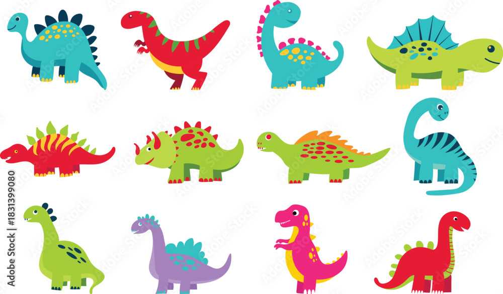 Obraz premium Cute Colorful Dinosaur Clipart Collection. Set of cute and colorful dinosaur illustrations in a fun cartoon style. Includes various dinosaur species with bright colors