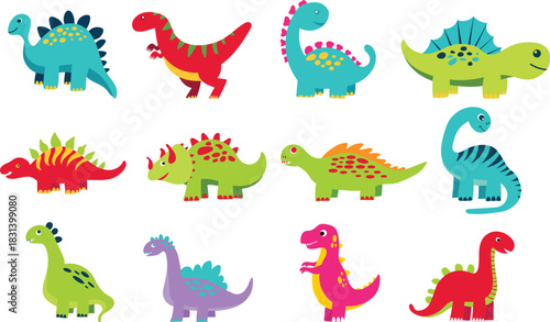 Cute Colorful Dinosaur Clipart Collection. Set of cute and colorful dinosaur illustrations in a fun cartoon style. Includes various dinosaur species with bright colors