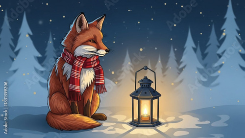 Charming fox wearing scarf with winter lantern in snow scene, inviting and adorable holiday spirit, festive season, warmth, and joy for greeting cards