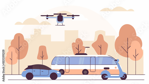 Illustration of a drone, car, bus, and scooter in front of trees and city buildings in a flat style
