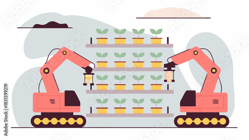 Automated farming with robotic arms tending to potted plants on shelving units in a controlled environment