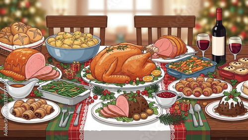 Celebrate Christmas with an abundant feast featuring turkey, ham, wine, mince pies, and savory rolls, perfect for festive holiday gatherings and joyful celebrations