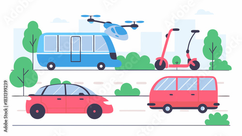 Illustration of various transportation methods including cars scooters and a drone bus in a city