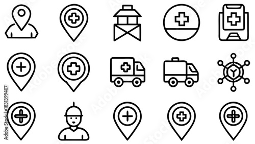 Illustration set featuring medical location pins ambulance guard tower and virus icons in a line art style