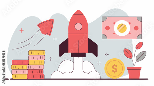 Illustration of a rocket launching with coins, money, and an arrow pointing upwards on a light background