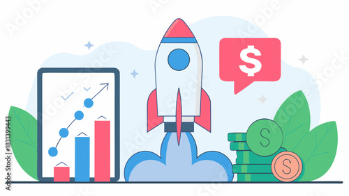 Illustration depicting a rocket launching with financial growth chart and dollar coins indicating success