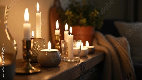 Softly lit candles arranged on wooden shelf in cozy living room  
