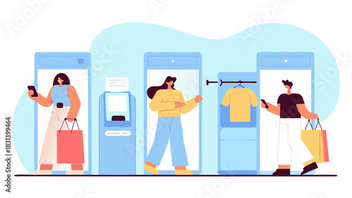People shopping online using mobile phones and virtual stores with clothes and payment machines