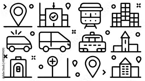 Outline icons depicting various modes of transportation and infrastructure elements in a simple style