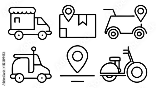 Outline illustrations of delivery vehicles including a truck, scooter, and package with location pins