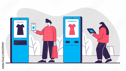 People using interactive kiosks to shop for clothes with digital screens and mobile devices outside store