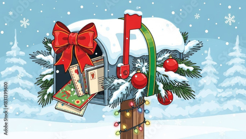 Cheerful Christmas mailbox overflowing with holiday cards in a snowy winter wonderland, adorned with ornaments and a festive red bow, bringing seasonal joy