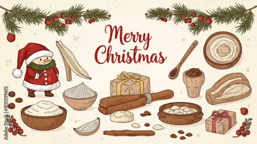 Festive Christmas baking scene with snowman, gifts and sweet treats, evokes holiday cheer and delicious homemade desserts for joyful seasonal celebrations