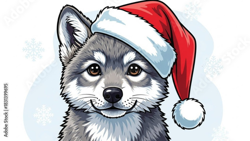 Adorable cartoon wolf wearing Santa hat brings festive cheer, perfect for holiday greetings, winter designs, or children's illustrations with playful charm