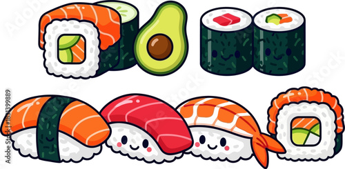 Set of cute kawaii sushi characters and rolls illustration.