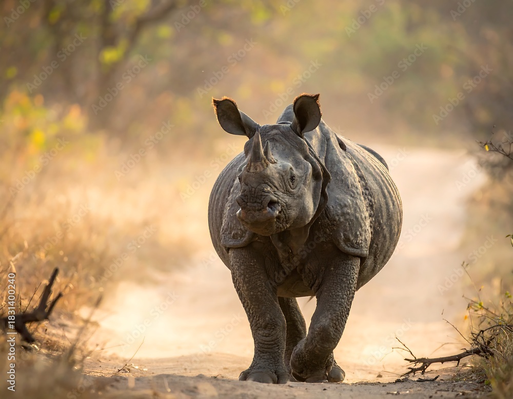 Fototapeta premium Large rhino walks directly toward the camera on a dusty path