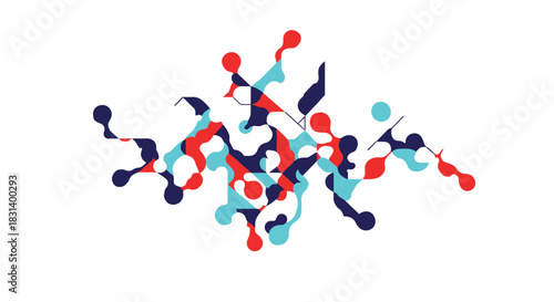 A dynamic abstract composition of interconnected liquid-like shapes and blobs in red blue and navy on a white background.