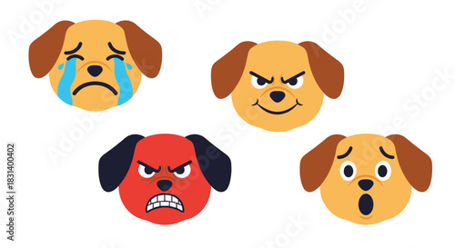 A set of four expressive dog face emojis showing different emotions including sadness anger surprise and devilishness.