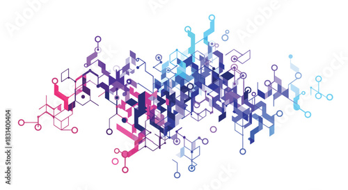 A futuristic abstract visualization of data and technology with interconnected geometric lines and nodes in a colorful gradient.