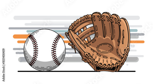 A classic white baseball with red stitching sits next to a brown leather baseball glove in a detailed sports illustration.