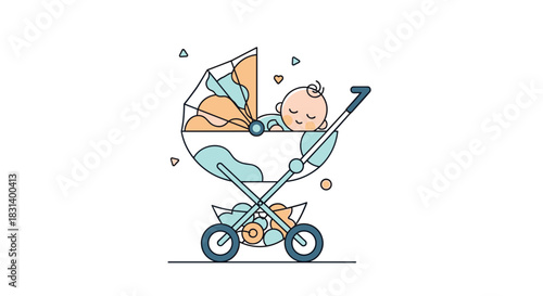 A cute sleeping baby rests peacefully in a modern stroller decorated with colorful abstract shapes and patterns.