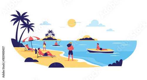 People relax and enjoy a sunny day on a beautiful tropical beach with palm trees and clear blue water in a flat design.
