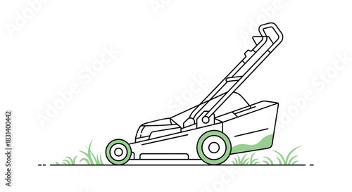 A minimalist line drawing of a modern lawn mower cutting blades of green grass on a clean white background illustration.