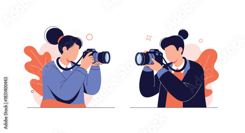 A male and a female photographer are both holding professional cameras and taking pictures in a flat modern illustration.
