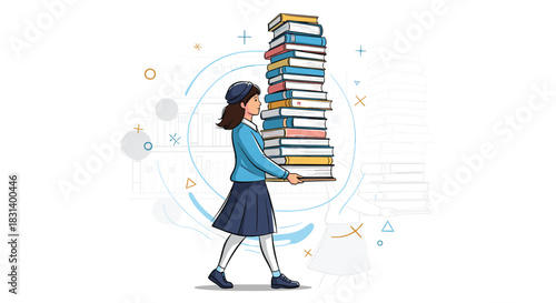 A young student girl in a school uniform carefully balances and carries a very tall stack of heavy books in a library.