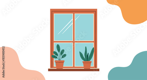 Two green houseplants in terracotta pots sit on a sunny windowsill of a wooden window frame with abstract background shapes.
