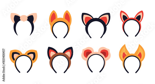 A cute collection of eight different animal ear headbands including cat fox and bear ears for costumes and parties.