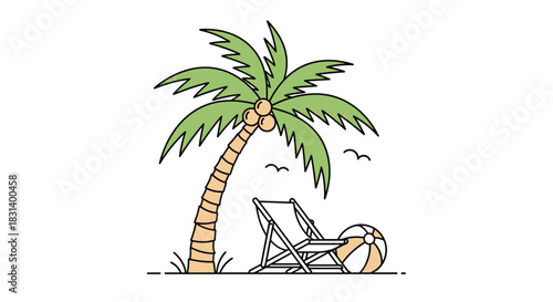 A relaxing and colorful beach scene shows a lounge chair and a ball under a coconut palm tree on a tropical island.
