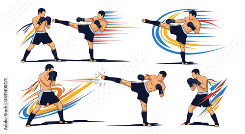 A set of illustrations shows a muscular kickboxer in various dynamic fighting poses including kicks and punches.