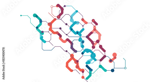 An abstract background design features a complex network of rounded colorful lines resembling a futuristic circuit board map.