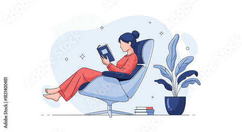 A woman relaxes comfortably in a modern armchair with her feet up while reading a book next to a tall potted plant.