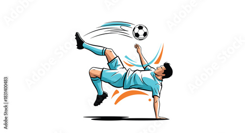 A dynamic illustration of a skilled soccer player in mid-air executing a powerful and athletic bicycle kick to the ball.