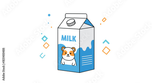 A cute cartoon milk carton features an adorable hamster on the label and is surrounded by colorful geometric shapes.