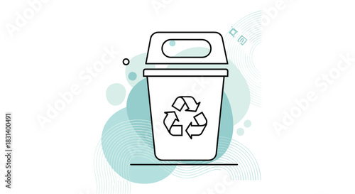 A simple line art icon of a trash can with the universal recycling symbol on the front against an abstract background.