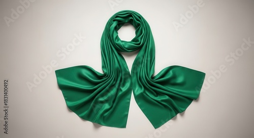 Smooth emerald fabric accessory is elegantly draped across a light neutral surface