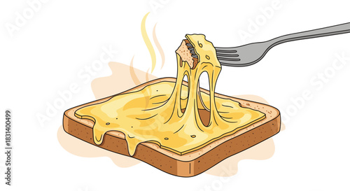 A delicious piece of bread is being lifted by a fork from a hot grilled cheese sandwich with long stretchy melted cheese.