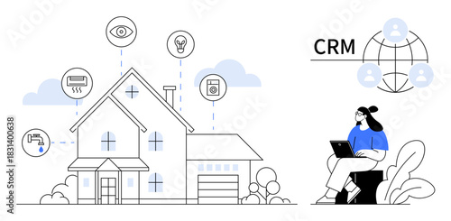 Smart home system. Smart home devices connected for automation with CRM integration and remote management. Smart home enhancing user experience and system control. Ideal for IoT, business tools