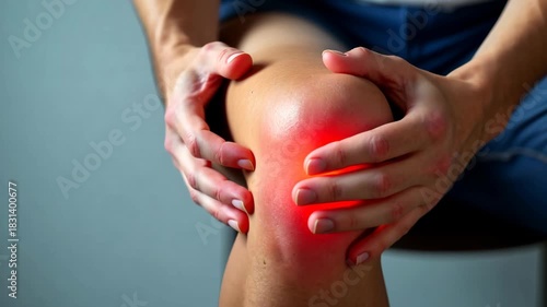 A person holds their knee, indicating pain or discomfort. The knee appears inflamed with a red glow. The background is neutral and unobtrusive.